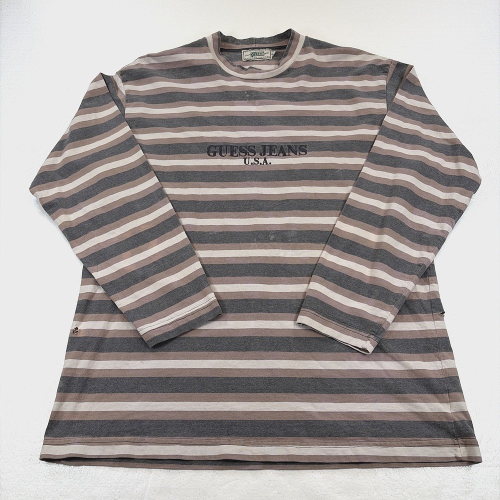 Vintage GUESS Jeans USA Long Sleeve Shirt Gray White Striped Men Sz L Distressed